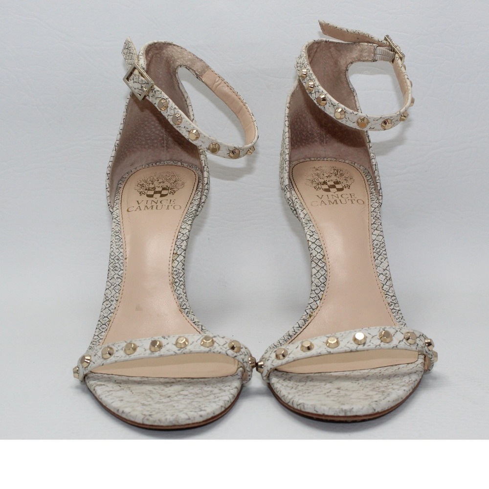Vince Camuto Snakeskin Studded Ankle Strap Stiletto Heels Cream Grey 8M/38
